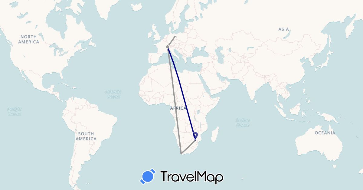 TravelMap itinerary: driving, plane in Switzerland, Germany, South Africa (Africa, Europe)